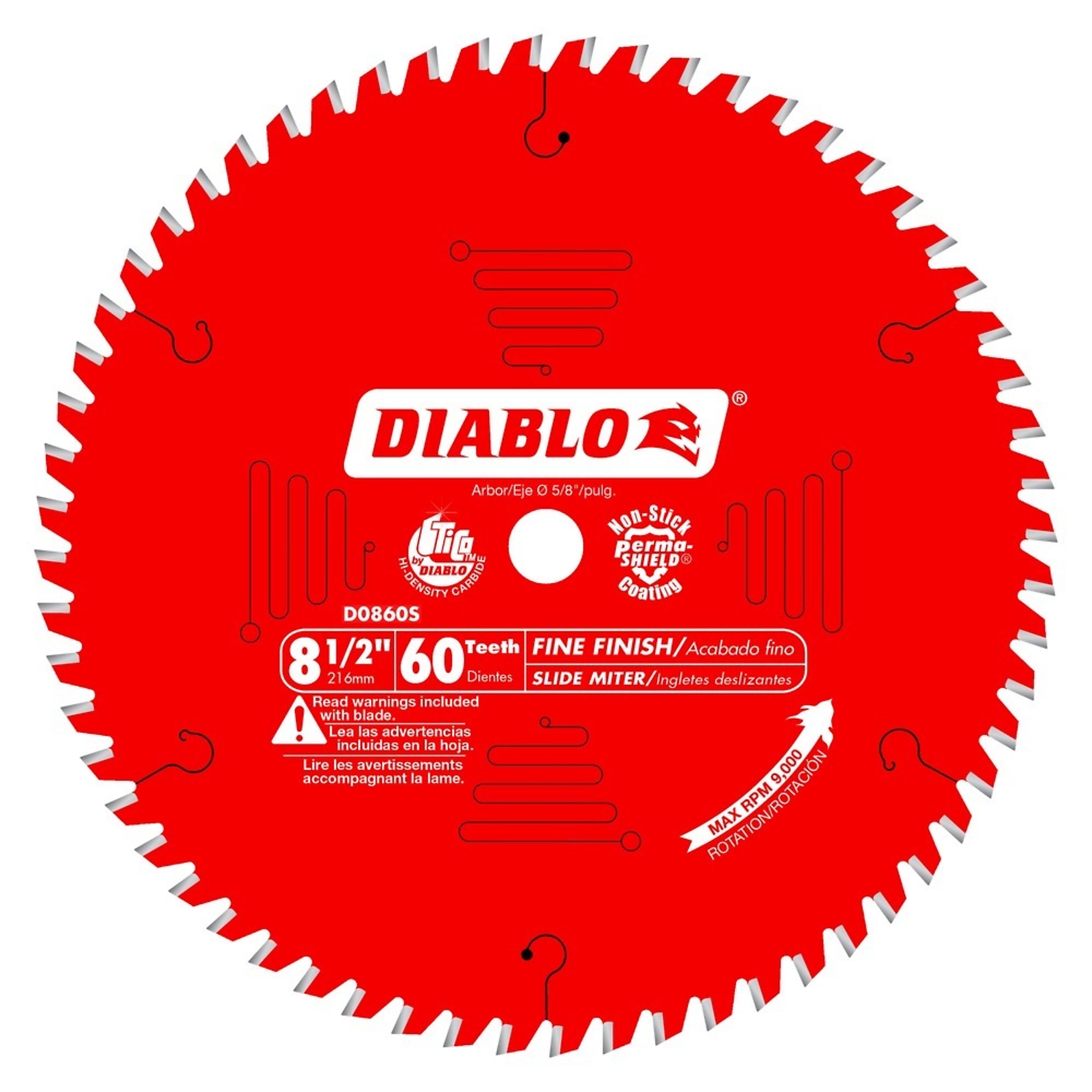Diablo, 8 1/2 x 60 Fine Finish Blade, Blade Diameter 8 1/2 in, Teeth Per Inch 60 TPI, Included (qty.) 1, Model# D0860S